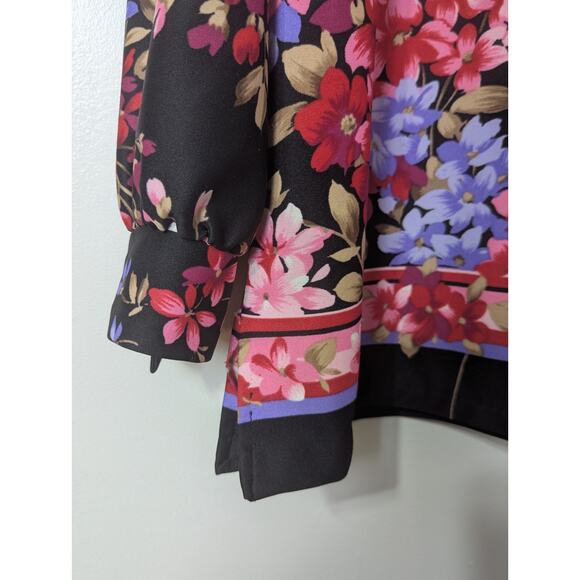 Teddi Of California Vintage Tunic Blouse Black Floral V-neck Size 38* Collared - Picture 2 of 11